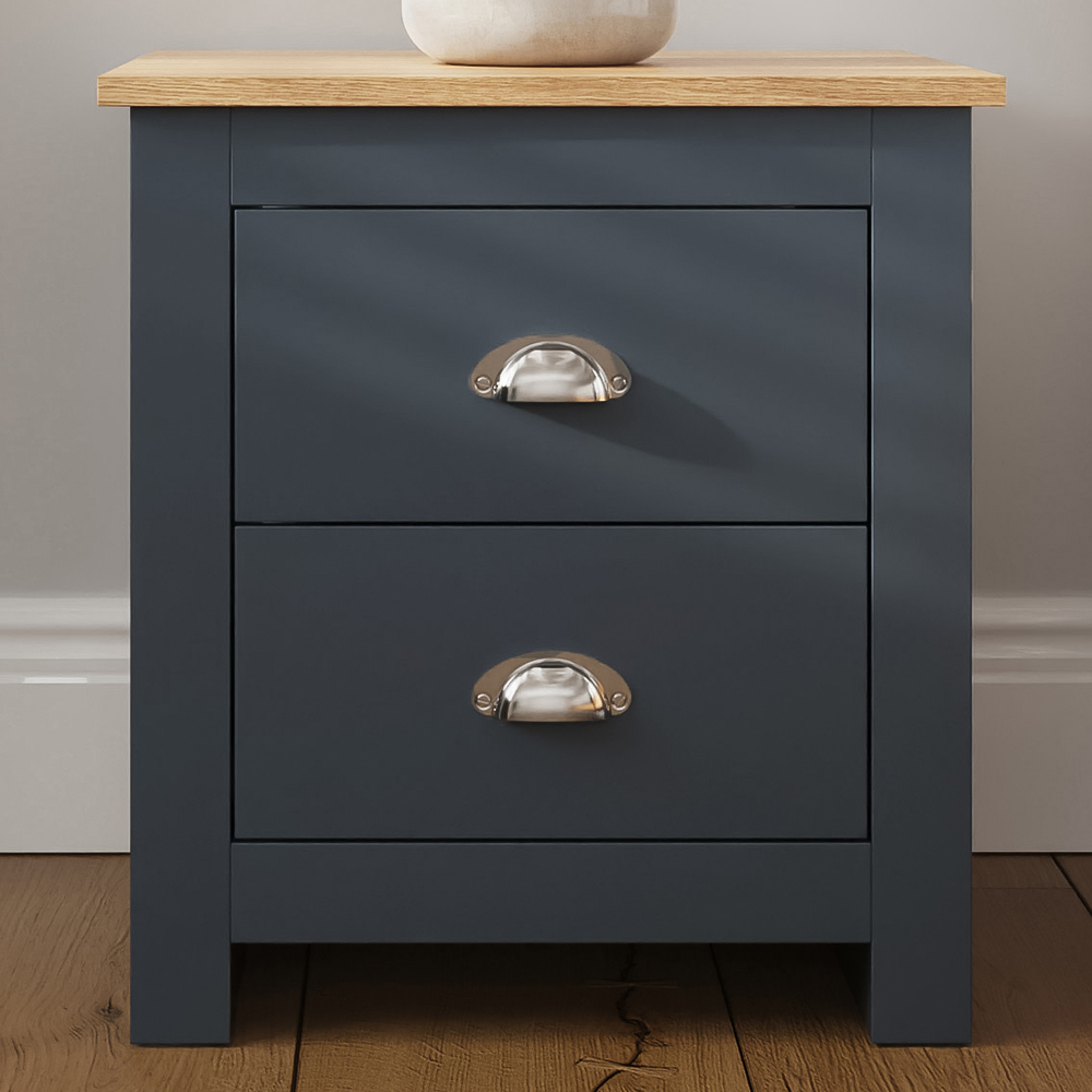GFW Lancaster 2 Drawer Slate Blue Bedside Table with Oak Effect Top Image 1