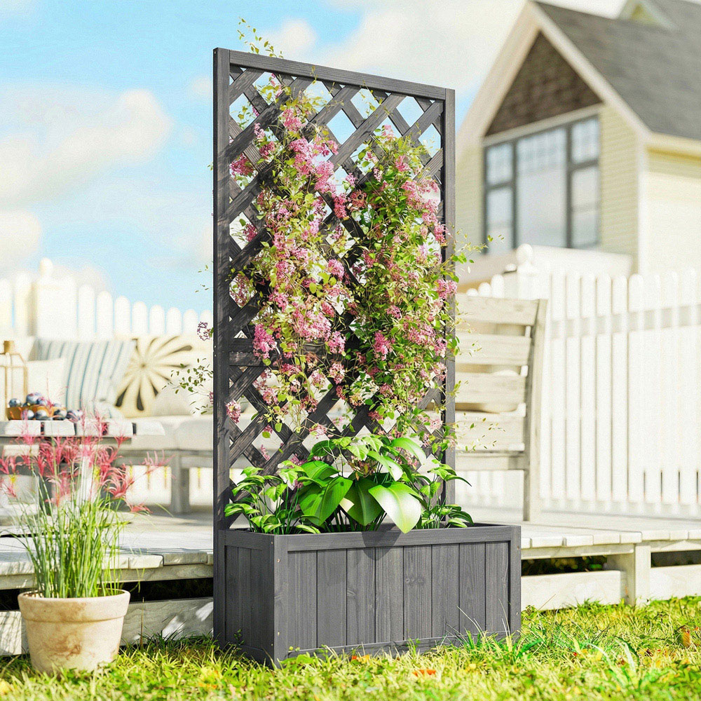 Outsunny Grey Wooden Raised Garden Bed with Trellis 150 x 32 x 73cm Image 2