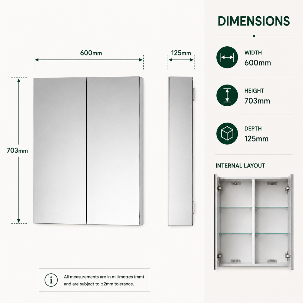 Go Bathrooms Neon 2 Door Mirrored Wall Cabinet 600mm Image 7