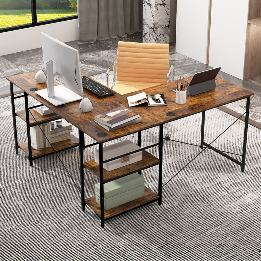Costway 4 Shelf Rustic Brown L-Shaped Wooden Industrial Desk Image 1