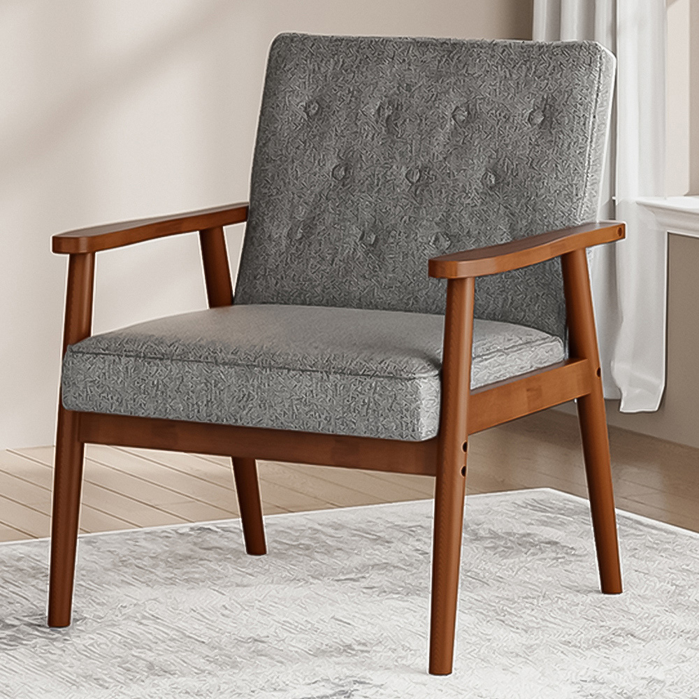 Living and Home Grey Linen Cushion Modern Wood Frame Upholstered Lounge Chair Image 1