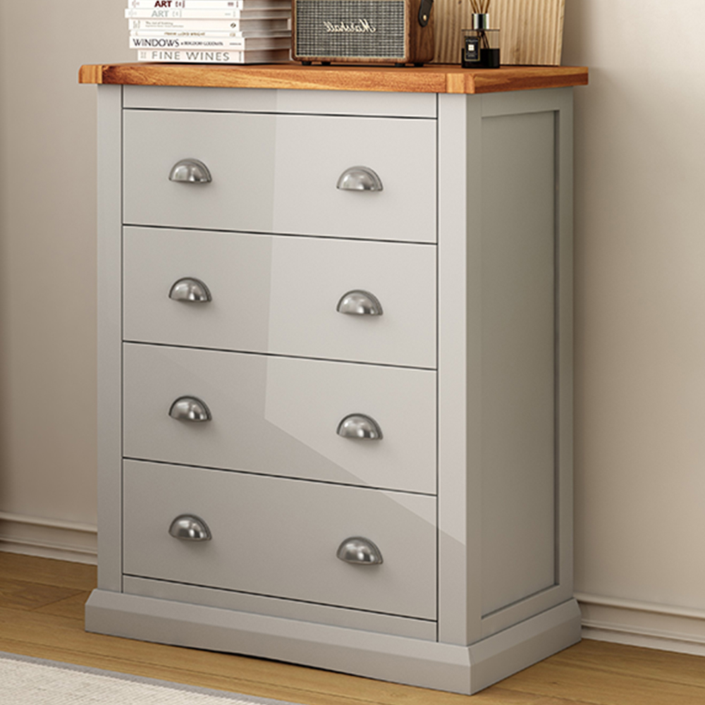 Cabinet Bits Loreo 4 Drawer Light Grey Chrome Cup Handle Chest of Drawers Image 1