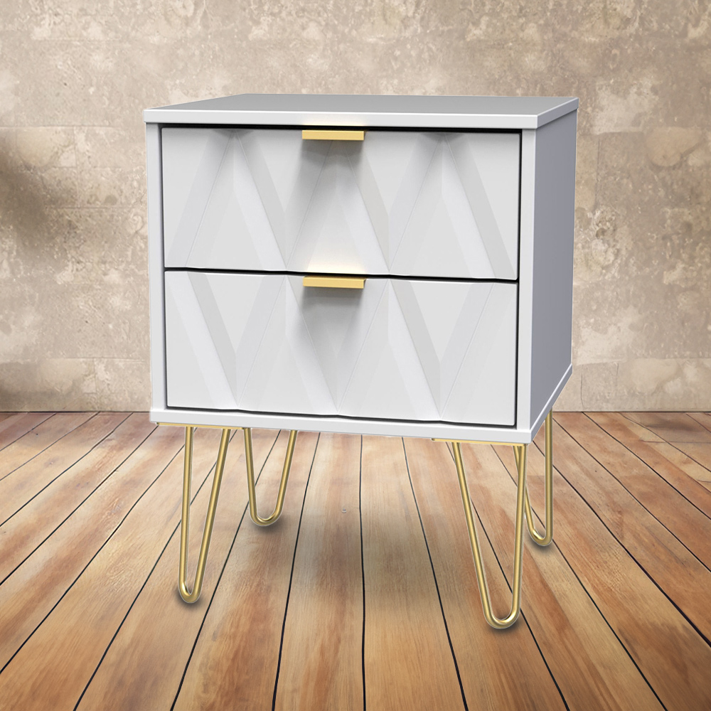 Crowndale Diamond 2 Drawer Matt White Bedside Table Image 1