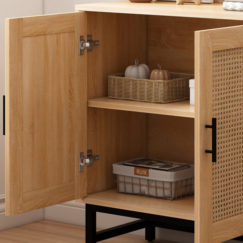 FurnitureHMD 2 Door Natural Rattan Wooden Storage Cabinet with Metal Legs Image 4