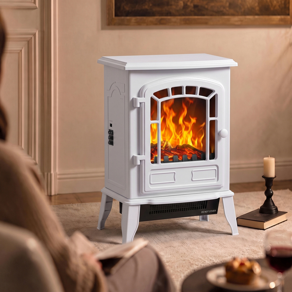 HOMCOM White Freestanding Electric Fireplace Stove with LED Flame Image 3
