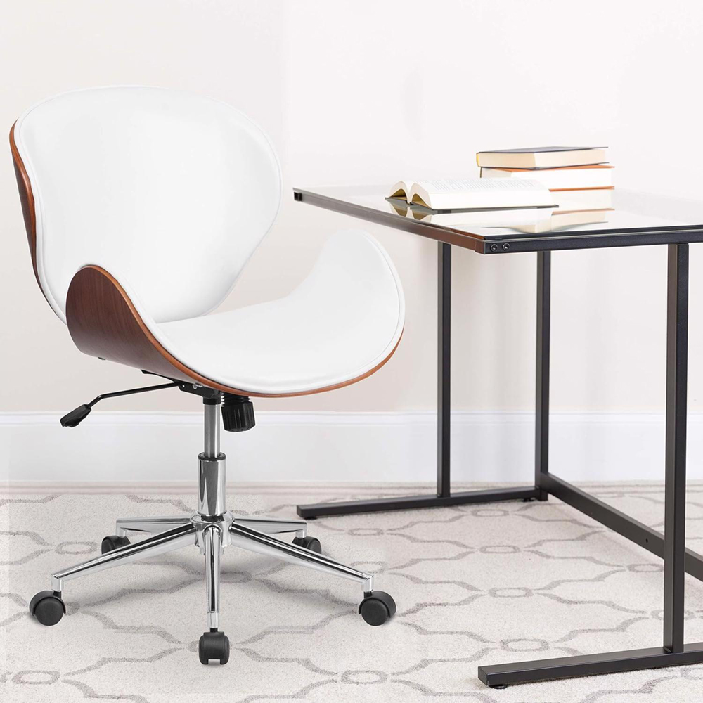 FWStyle White and Walnut Faux Leather Armless Office Chair Image 3