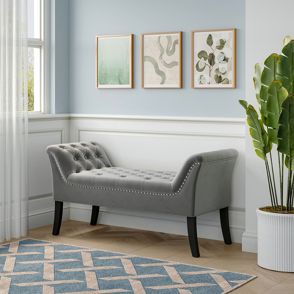 Living and Home Grey Modern Soft Velvet Buttoned Armed Bench Image 3