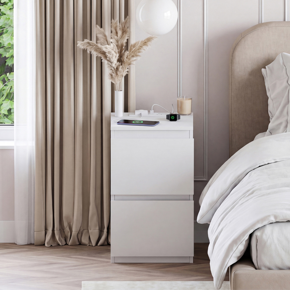 VIDA DESIGNS Denver 2 Drawer White Bedside Chest with Power Outlet Image 3