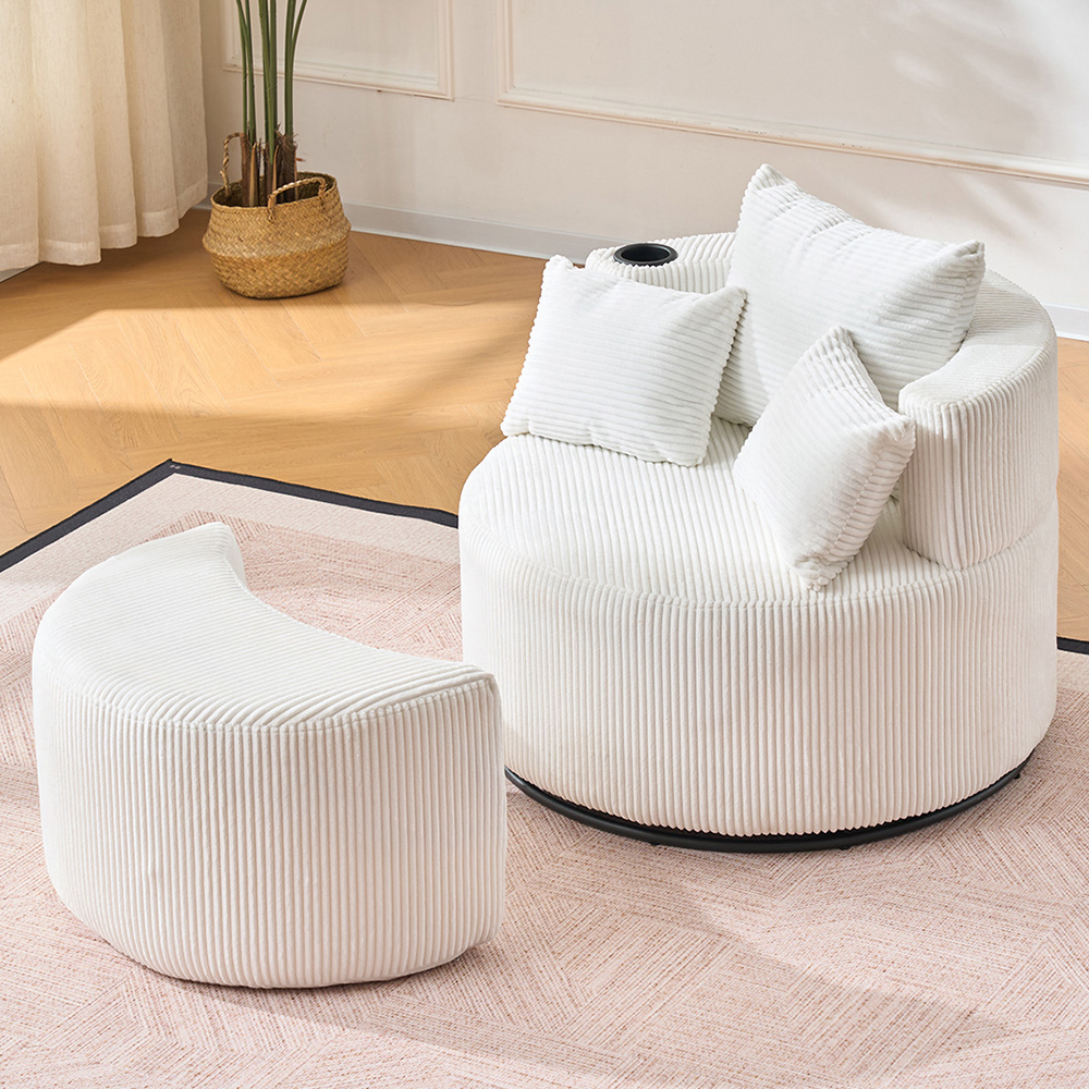 Living and Home White Corduroy Upholstered Swivel Sofa with Footstool and Cup Holder Image 8