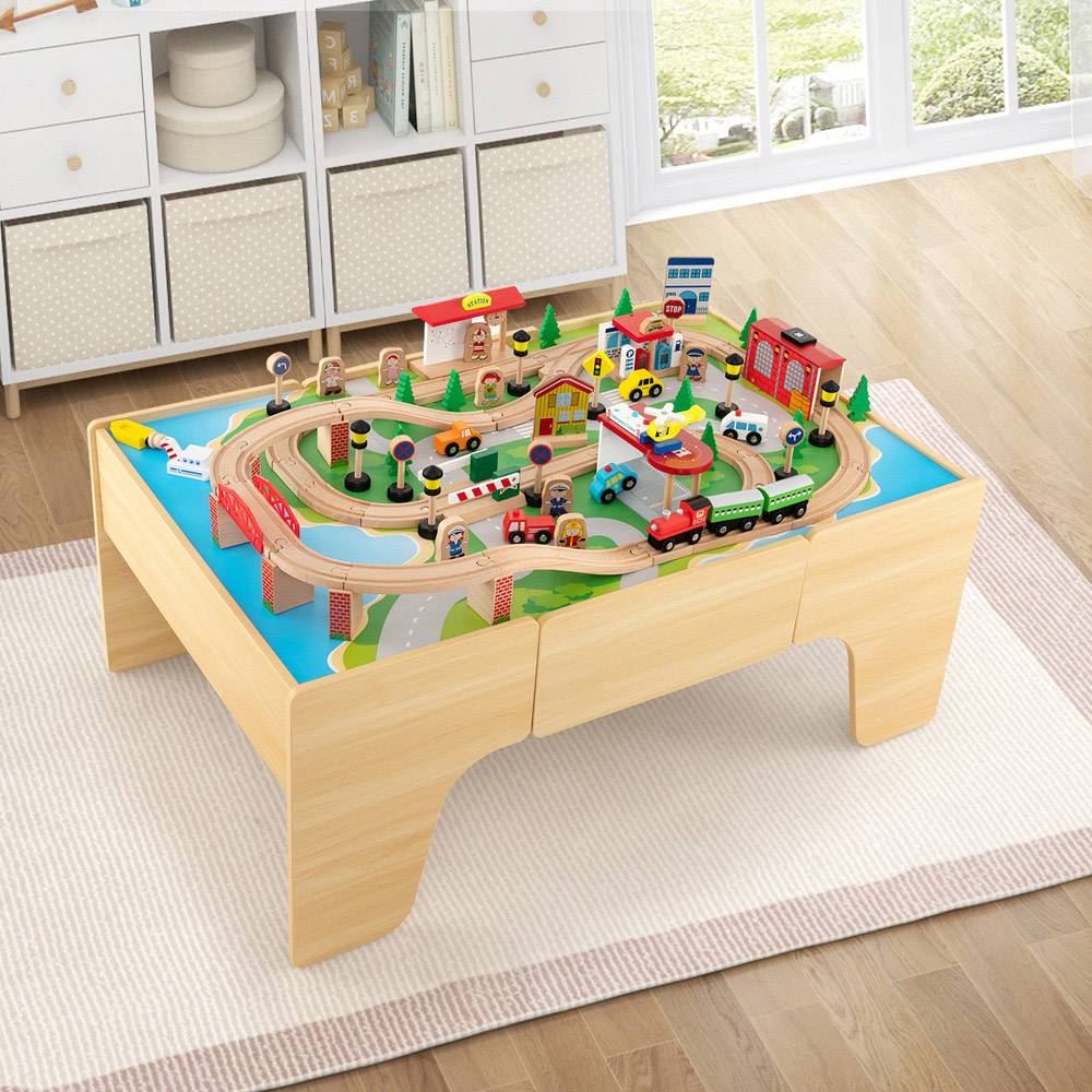 Costway Wooden Train Set with Reversible and Detachable Tabletop 84 Piece Image 2
