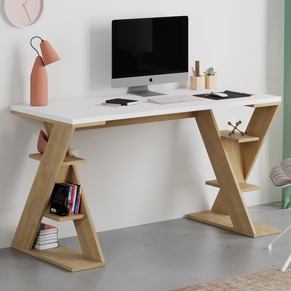 Decortie Papillon 6 Shelf White and Sapphire Oak Working Table Image 1