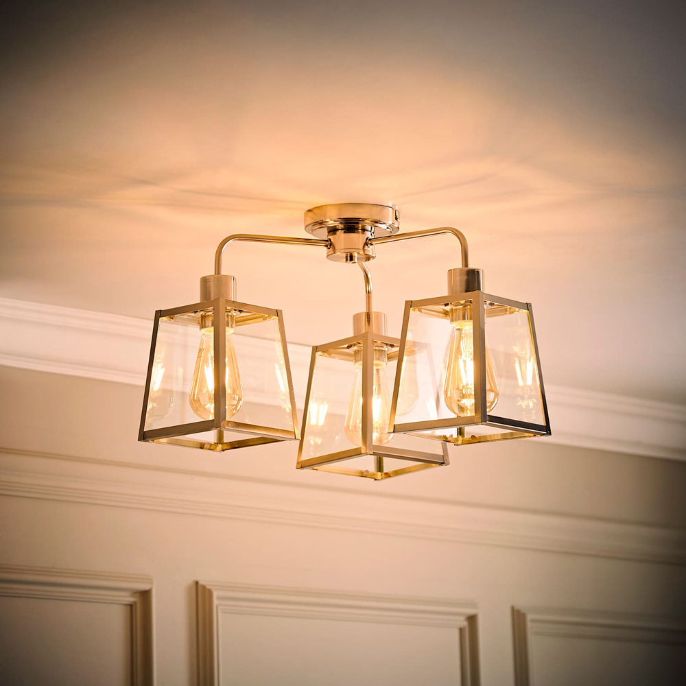 ValueLights Susie 3 Arm Lantern Shade Brushed Chrome Glass Ceiling Light with Bulb Image 2