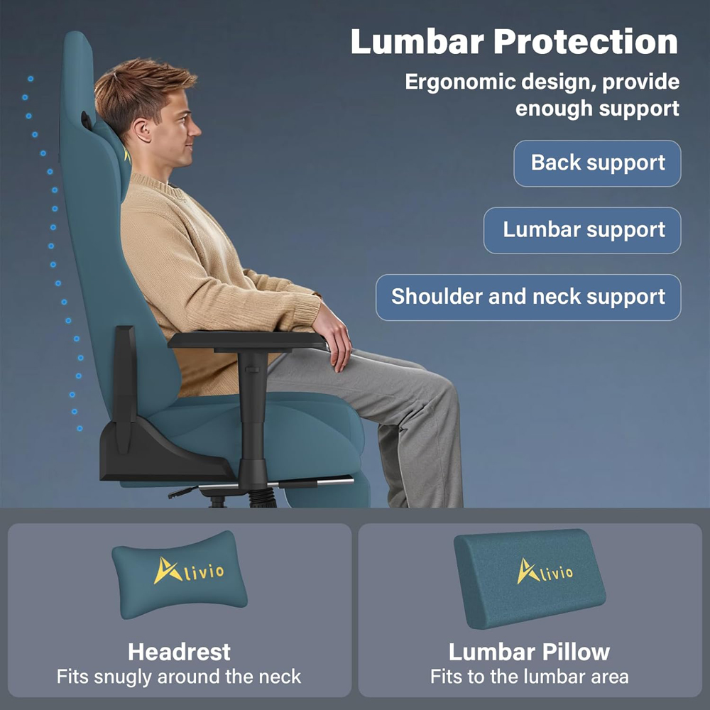Alivio Blue Velvet Reclining Gaming Chair with Lumbar and Headrest Support Image 6