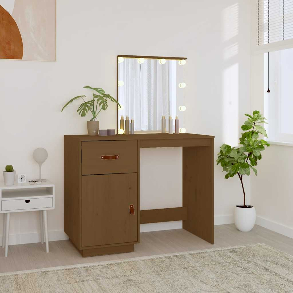 vidaXL Single Door Single Drawer Honey Brown Solid Wood Pine Dressing Table with LED Mirror Image 9