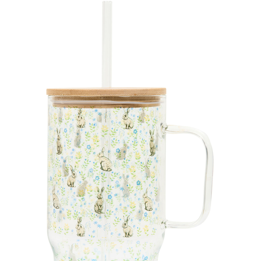Floral Bunny Glass Tumbler with Lid and Straw Image 3