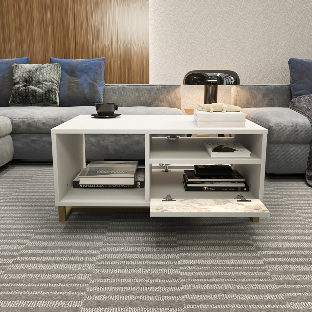 Decorotika Utopie 2 Door 2 Shelf White and White Marble Effect Modern Coffee Table Image 6