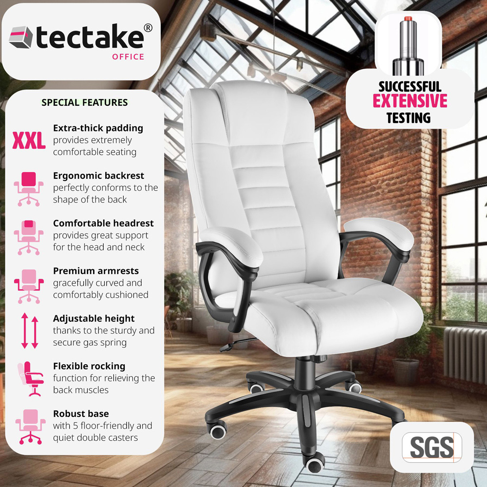 tectake White Office Chair with Padded Armrests Image 6