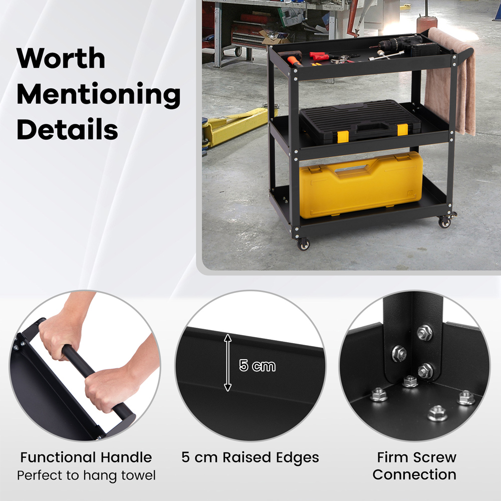Costway 3 Shelf Black Rolling Service Trolley Image 8