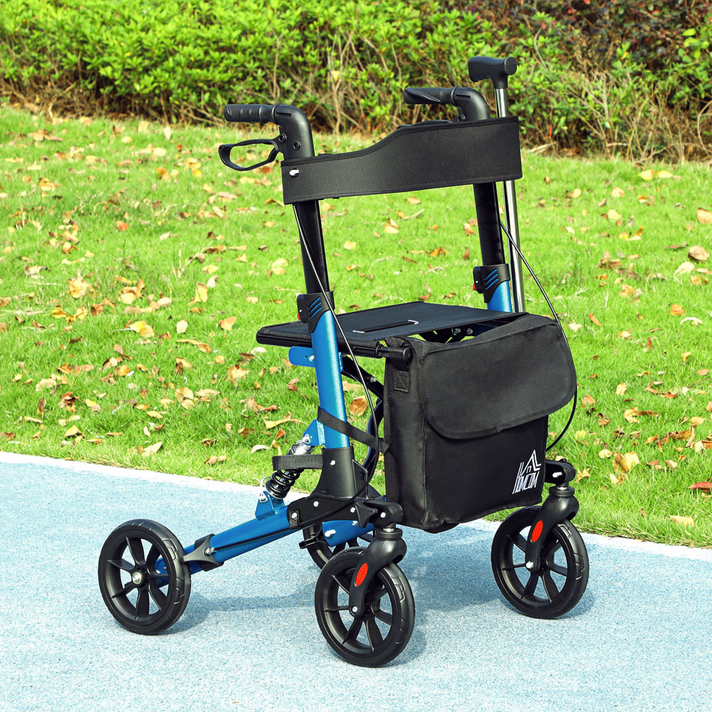 HOMCOM Blue 4-Wheel Foldable Rollator Walker with Suspension Seat and Storage Bag Image 2