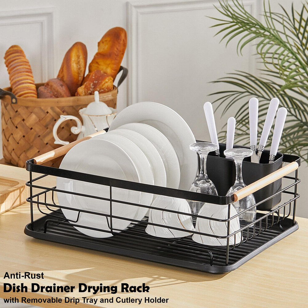 ATEK Black Wooden Handle Dish Drying Rack with Drain Tray and Cutlery Holder Image 3