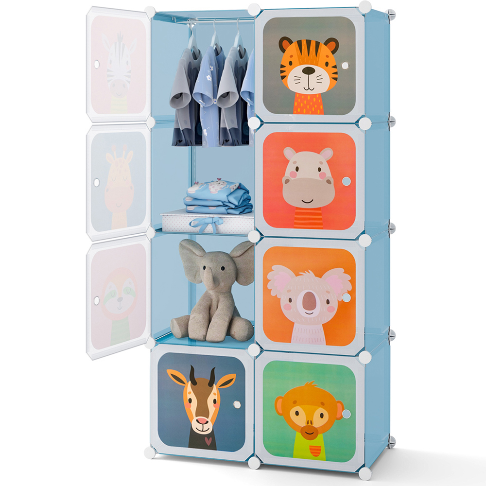 Costway 8 Cube Blue Portable Kids Wardrobe with Hanging Section Image 3