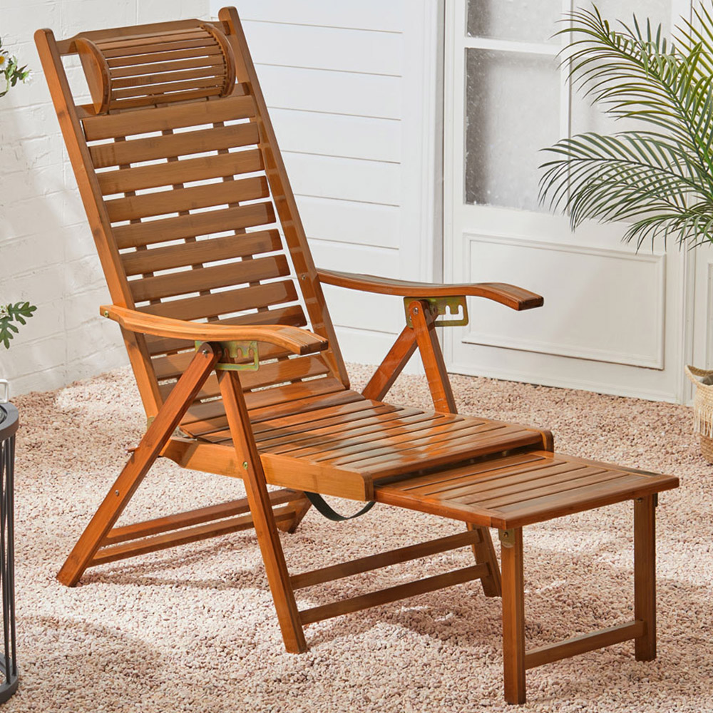 Living and Home Brown Bamboo Foldable Recliner Lounge Chair Image 1