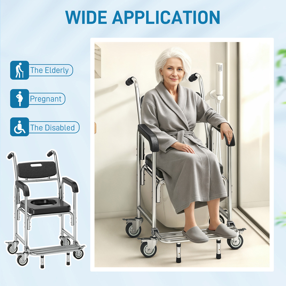 HOMCOM Black Transport Beside Shower Chair with Wheels and Padded Seat Image 6