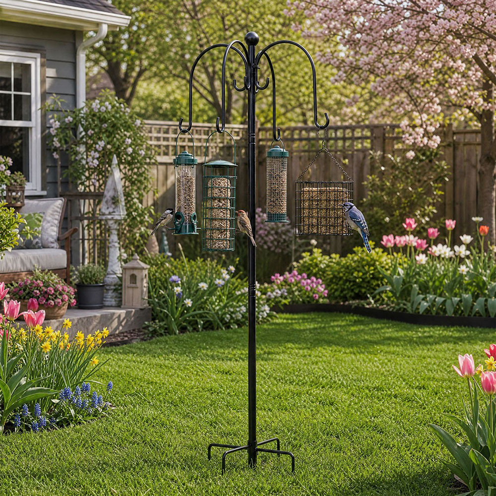TOQUE Black Height Adjustable Bird Feeding Station with Shepherd Hooks Image 3