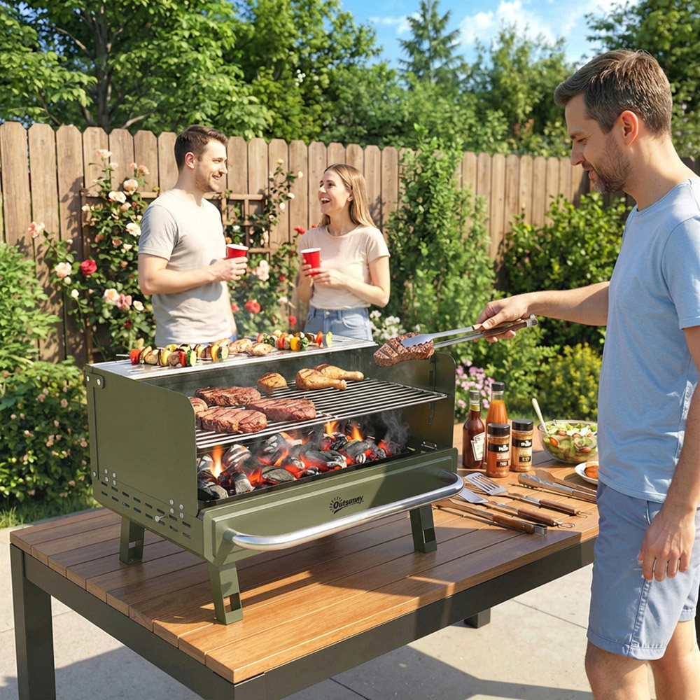 Outsunny Green Portable Barbecue Grill with Adjustable Grates Image 2