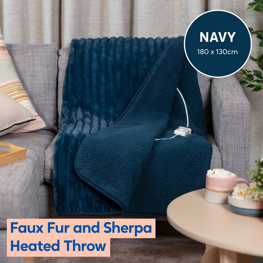 Russell Hobbs Navy Blue Faux Fur and Sherpa Heated Throw with Controller 130 x 180cm Image 3