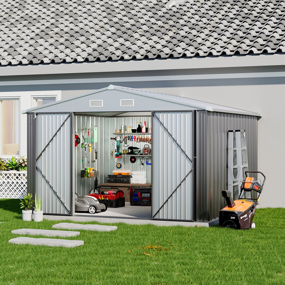 Living and Home 10.4 x 8.7ft Grey Lockable Metal Storage Shed Image 6