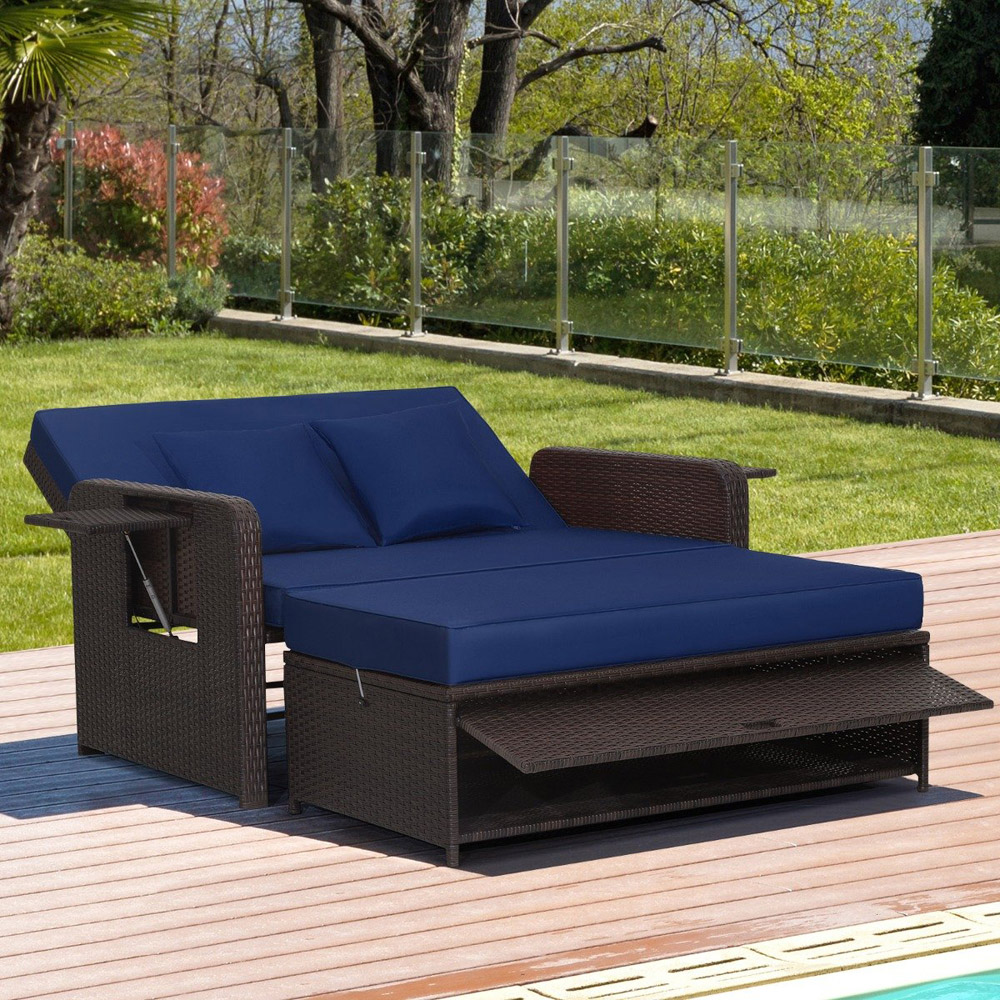 Costway 2 Seater Ratan Wicker Blue Loveseat Sofa with Ottoman and Side Tray Image 3