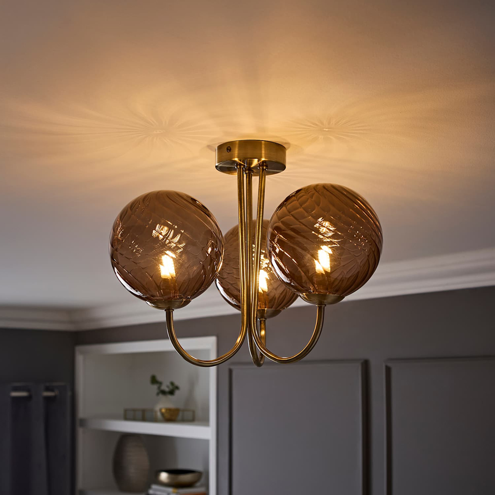 ValueLights Sydney Brushed Brass 3-Arm Chandelier with Glass Shade and Bulb Image 5