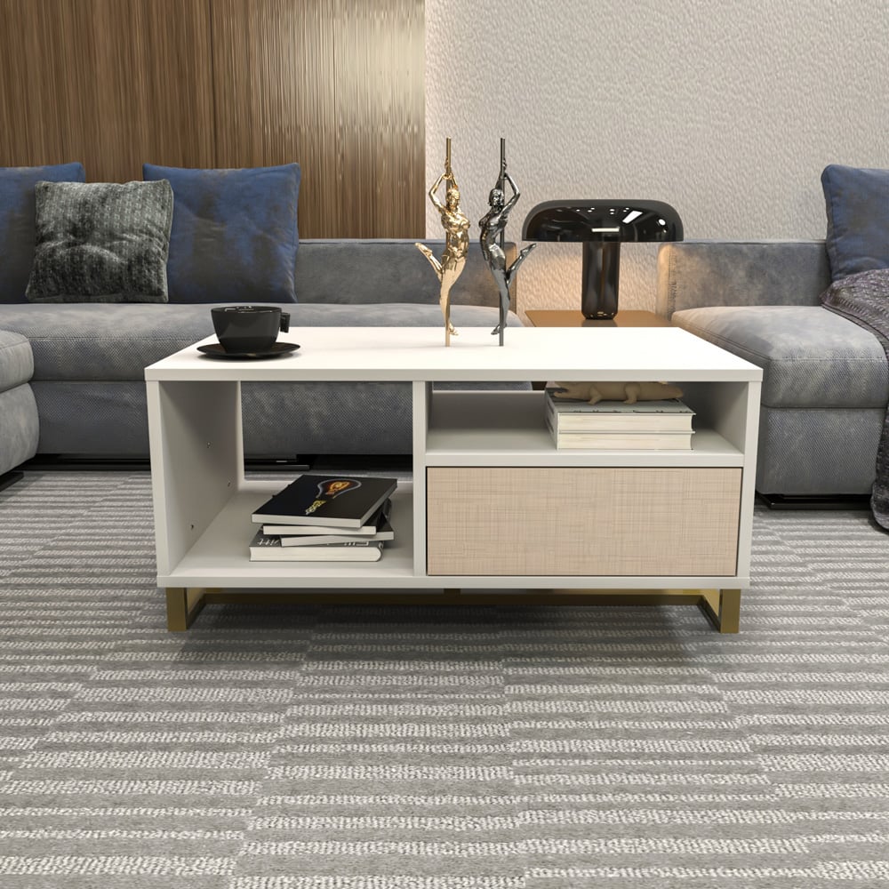 Decorotika Utopie 2 Door 2 Shelf White and Beige Modern Coffee Table Image 5