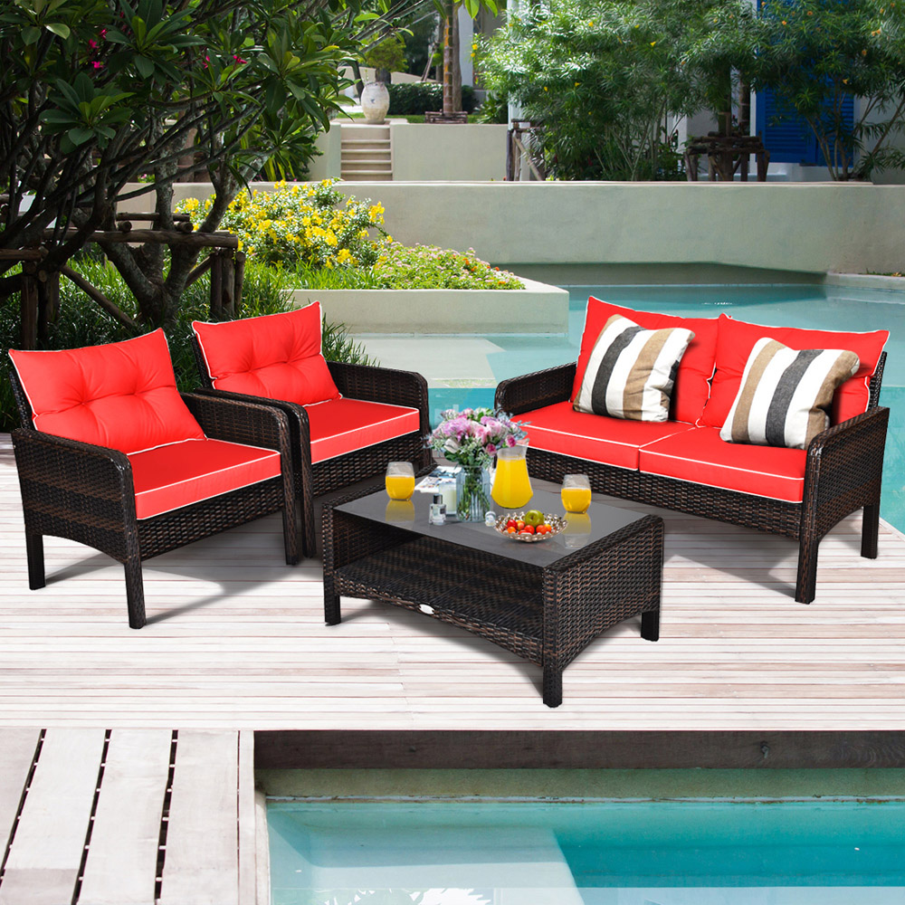 Costway 4 Seater Red PE Rattan Patio Conversation Set Image 4