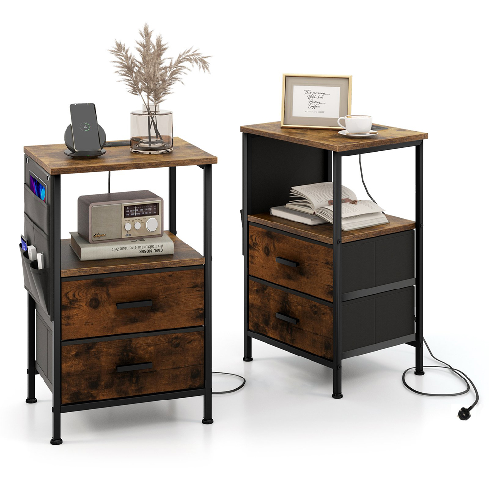Costway 2 Drawer Single Shelf Rustic Brown Bedside Table Set of 2 Image 2