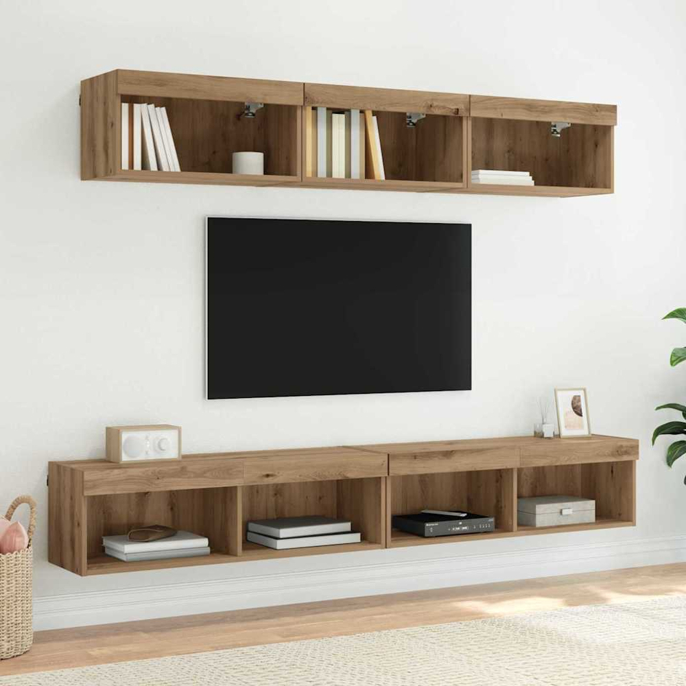 vidaXL 2 Shelf Artisan Oak Wall Mounted Wide TV Cabinet with LED Light 2 Pack Image 6