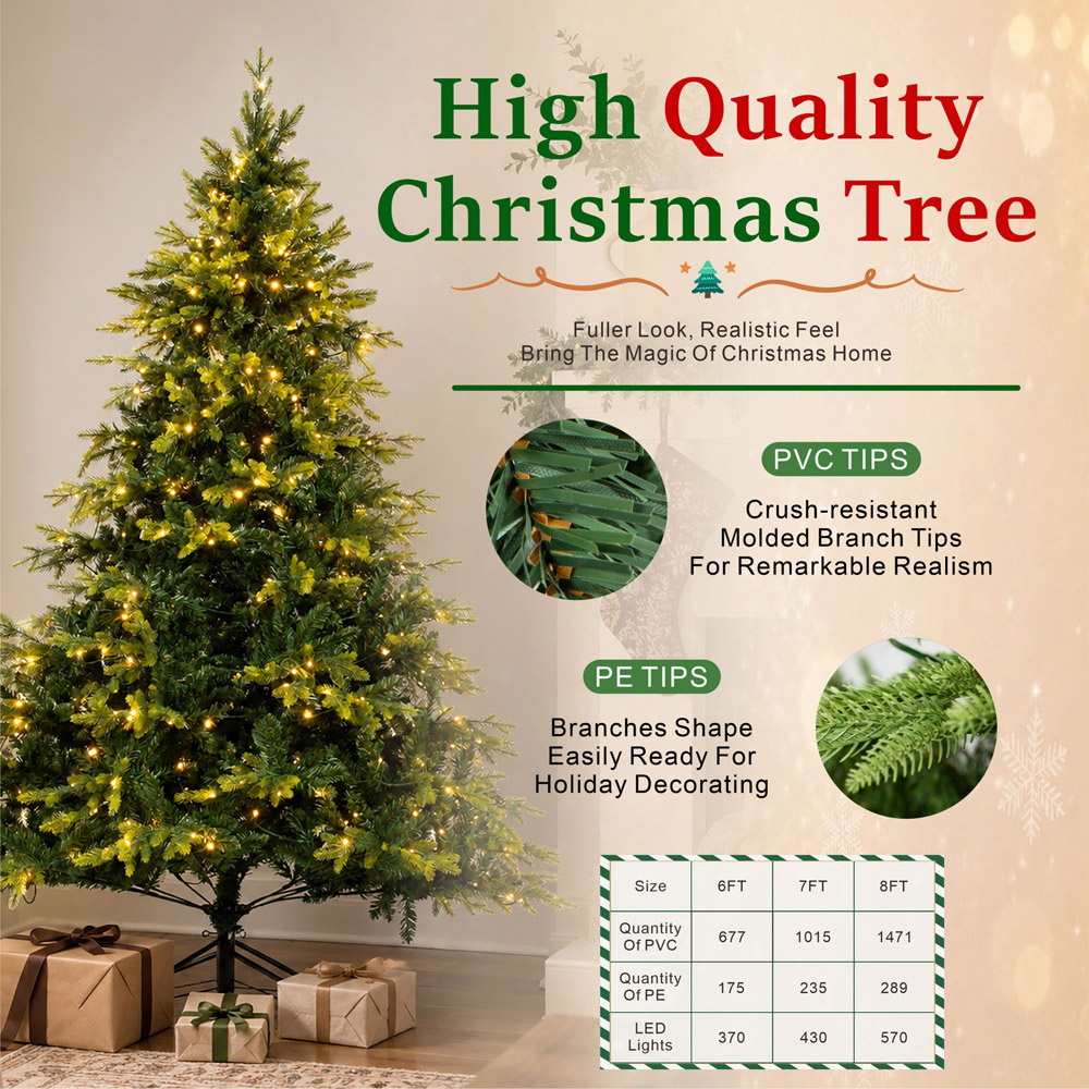 Abrihome 570 Warm White LED Pre-Lit Artificial Christmas Tree with 1760 Mixed Tips 8ft Image 8