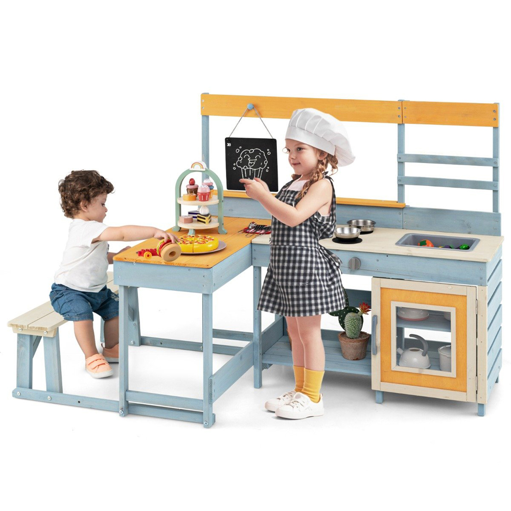 Costway Kids Grey Fir Wood Mud Kitchen Play Set with Picnic Table Image 3