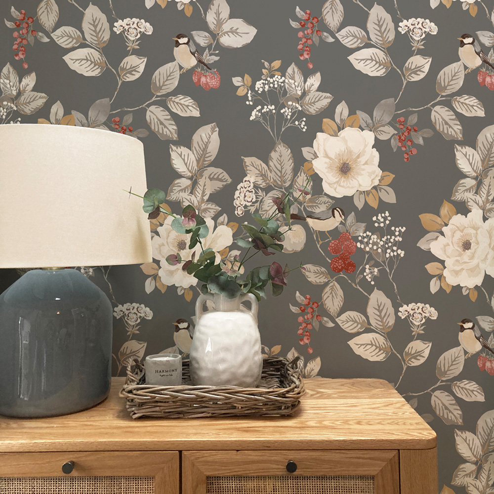 Belgravia Decor Bramble Floral Motif Charcoal Wallpaper Image 3