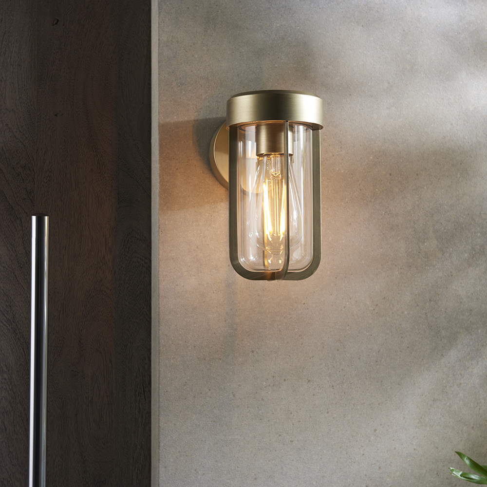 Merano Benevento Clear Glass Shade Brushed Gold Outdoor Wall Lamp Image 4