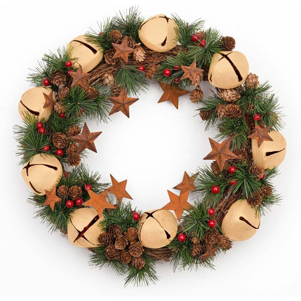 Shatchi Christmas Wreath with Cream Bells Stars Pine Cones Berries and Leaves 1.31ft Image 3