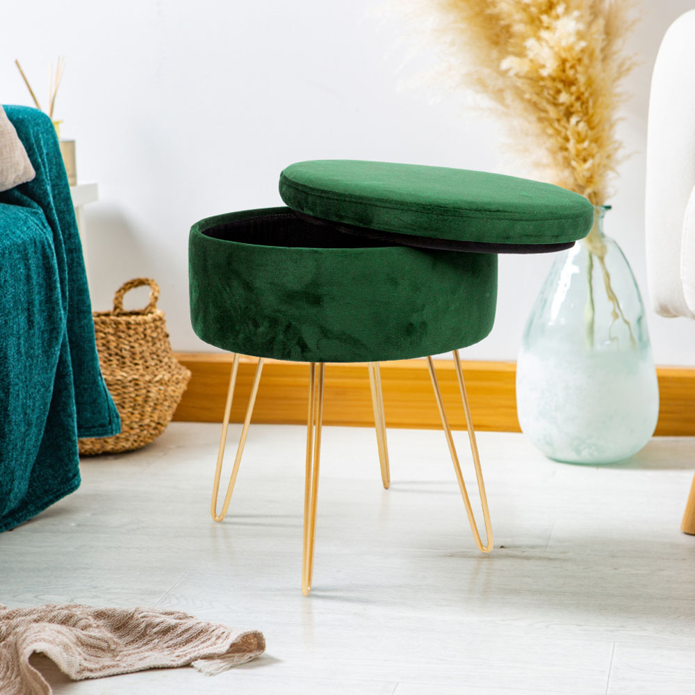 Harbour Housewares Green and Gold Velvet Round Footstool with Storage Image 3
