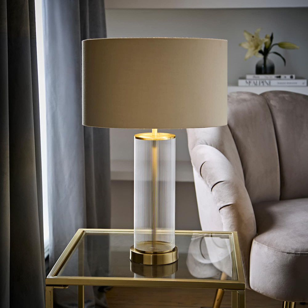 ValueLights Calin Beige and Gold Shade Gold Ribbed Glass Table Lamp with Bulb Image 6