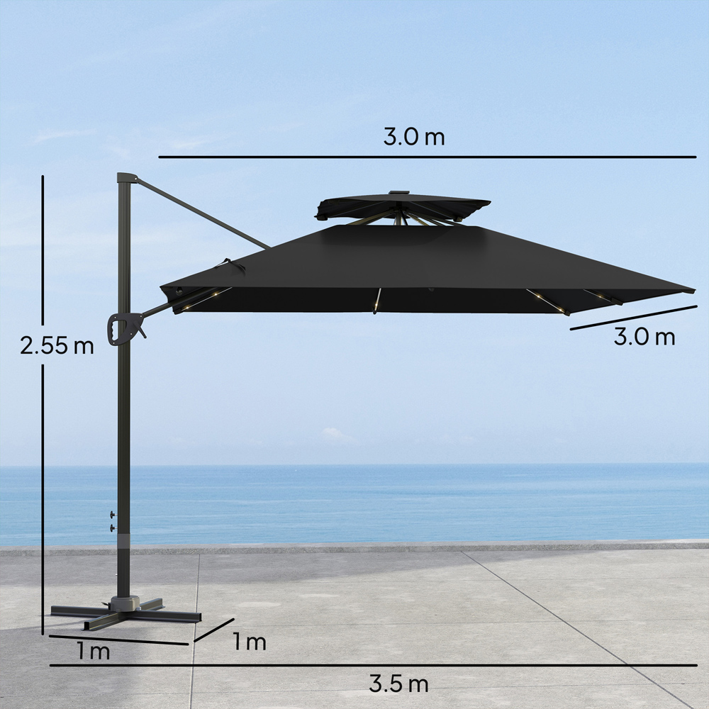 Outsunny 2 Tier Black Aluminium Solar LED Crank and Tilt Cantilever Parasol 3.5m Image 9