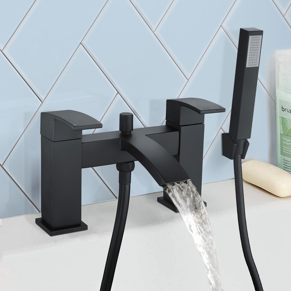 Nes Home Nexa Waterfall Matte Black Bath Shower Mixer Pack and Basin Mixer Tap with Waste Image 2
