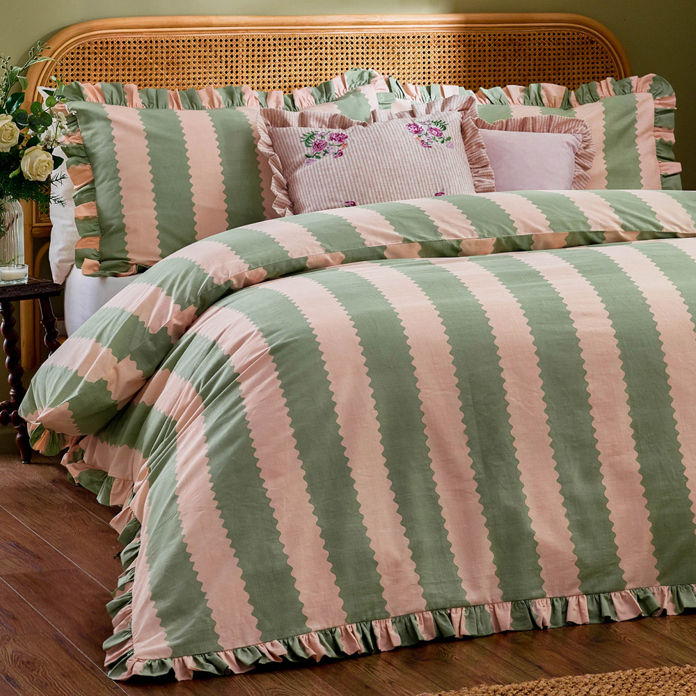 Wylder Nature Birdie Double Pink and Green Stripe Ruffle Duvet Set Image 3