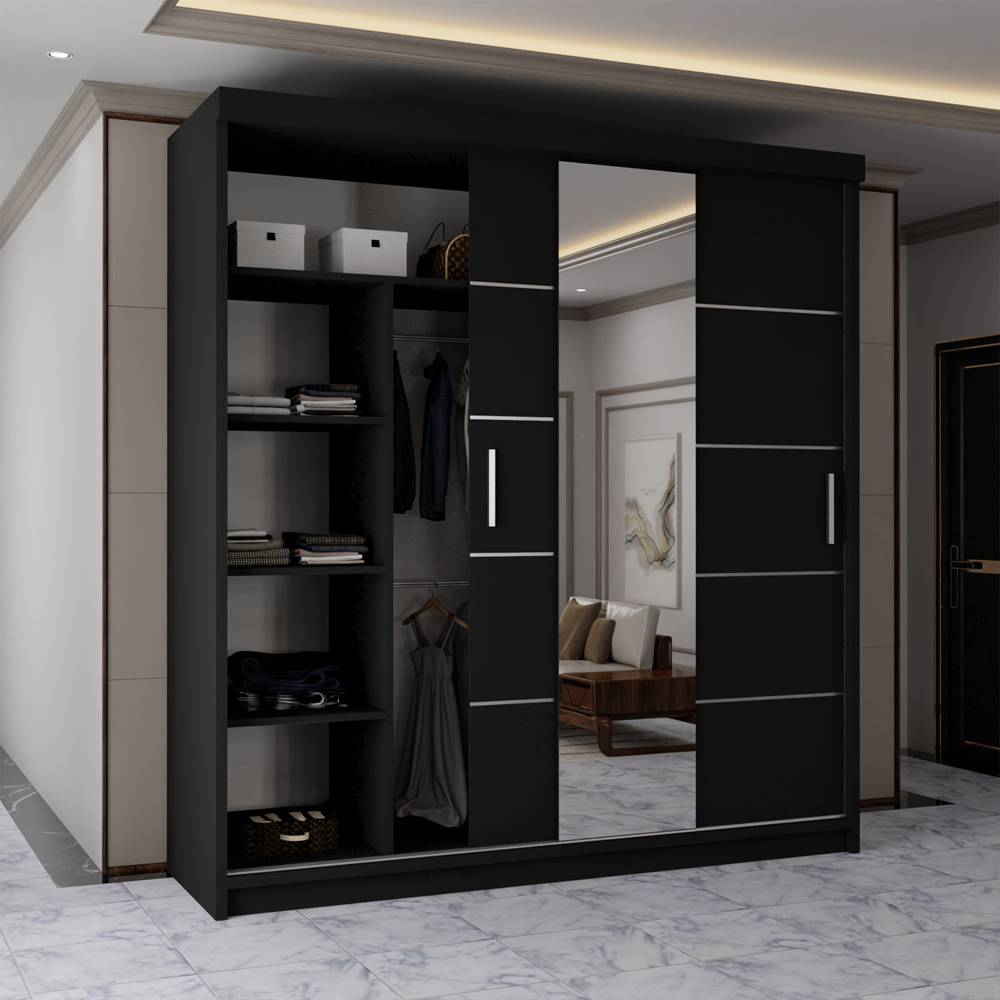 M N Furniture Osaka 2 Door Black Mirrored Panel Sliding Wardrobe 203cm Image 3