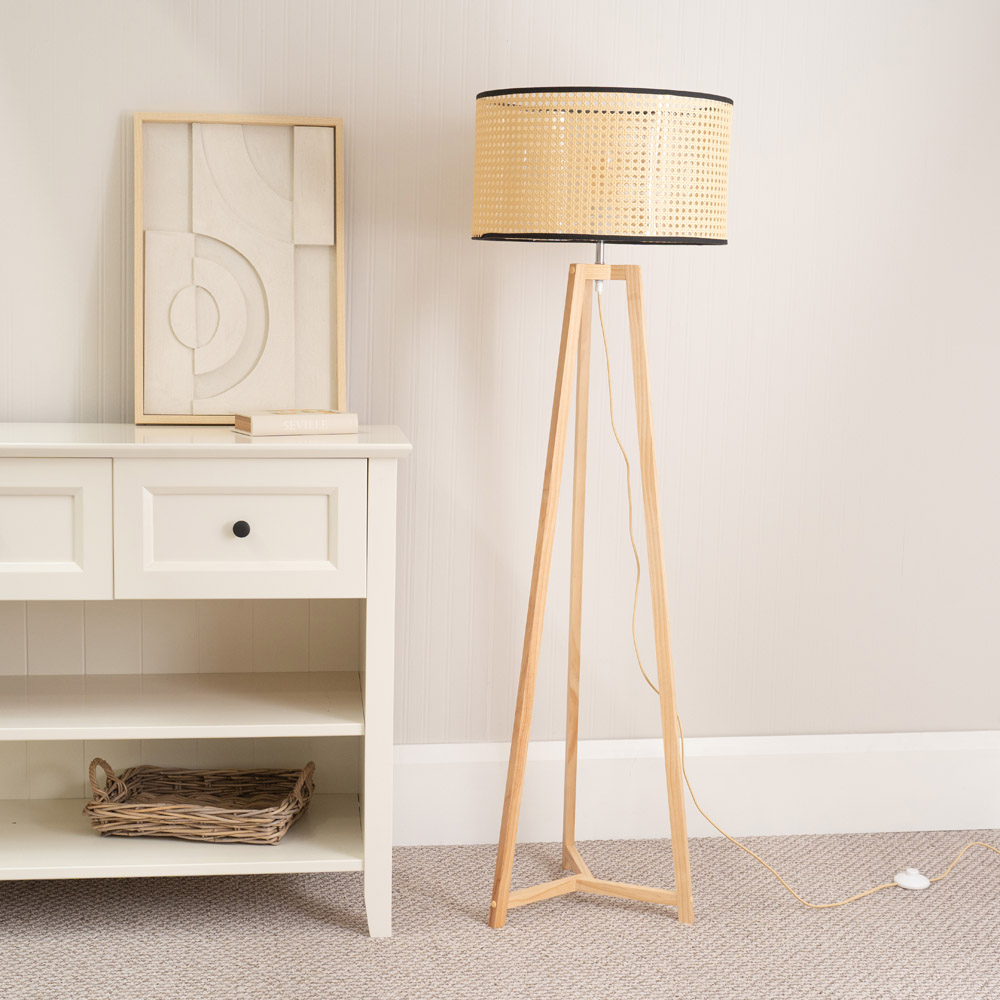 ValueLights Lottie Wicker Drum Shade Natural Wood Tripod LED Floor Lamp Image 3