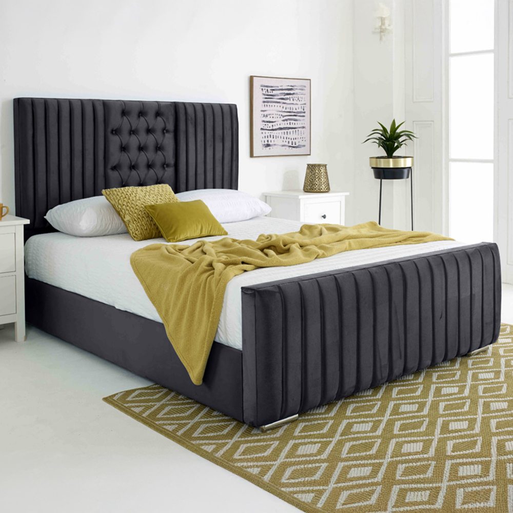 Eleganza Gracie Single Steel Plush Velvet Bed Frame with Lined Headboard Image 1